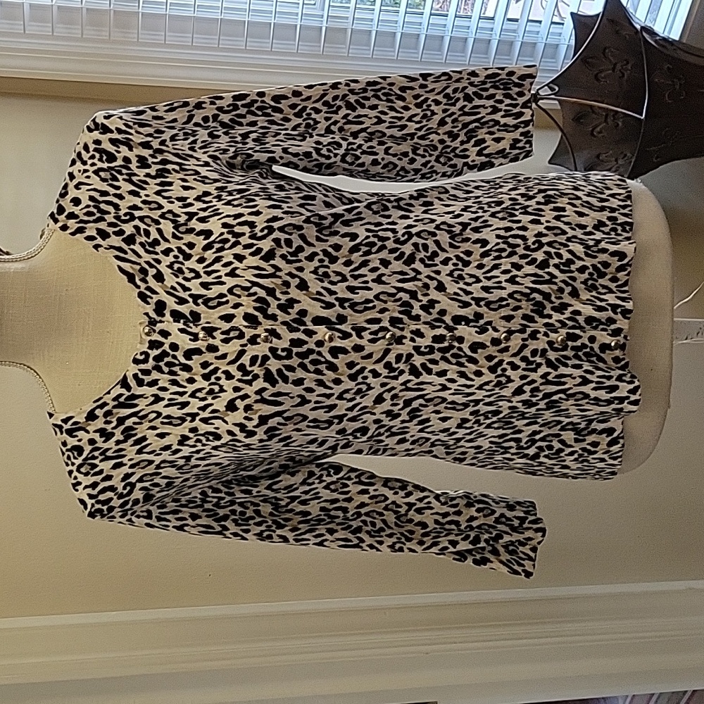 White House Black Market black tan cream leopard print cardigan 3/4 slv M EUC …